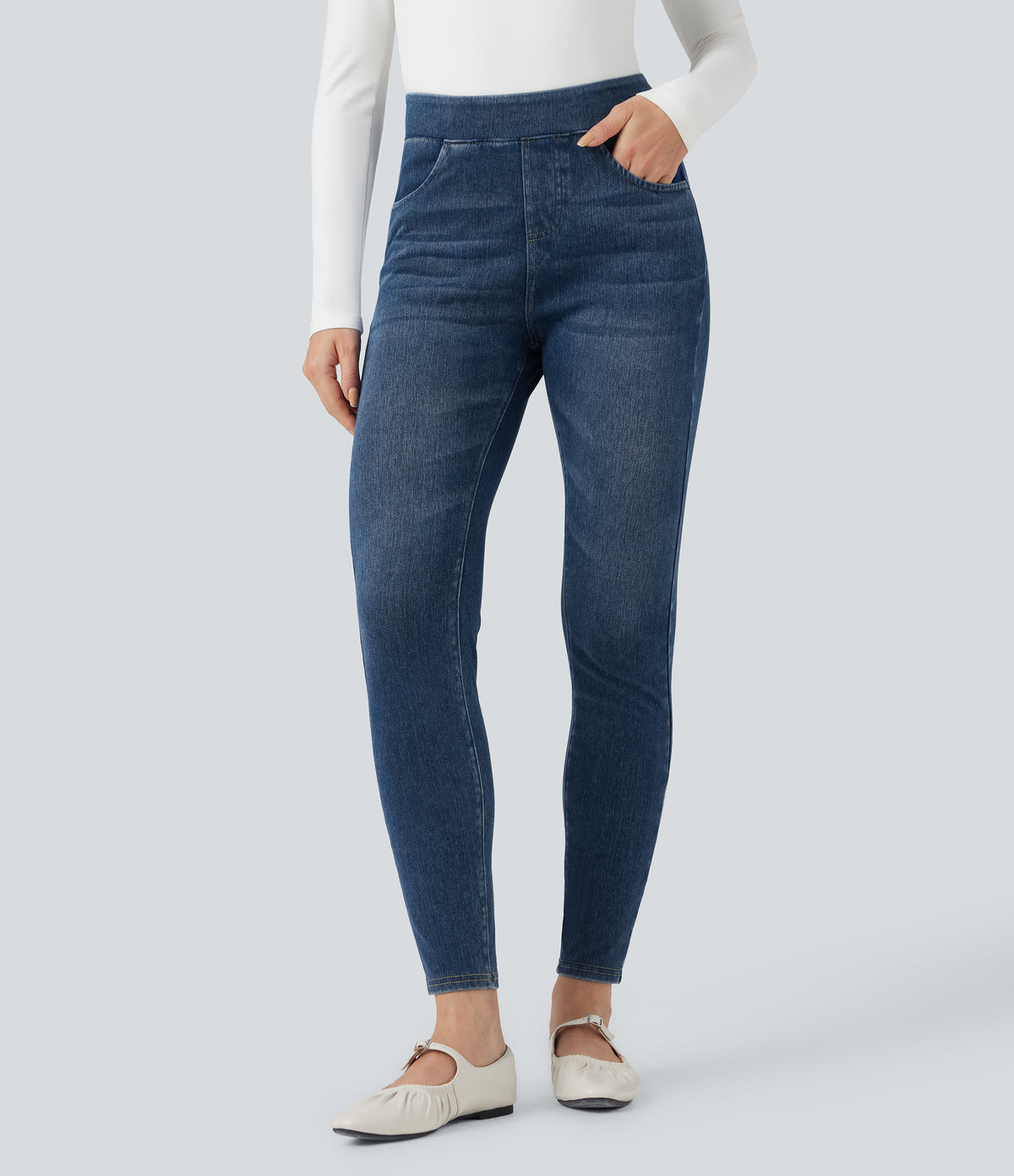 High Waisted Denim Casual Leggings with Pockets — Estate Blue Denim — view 3