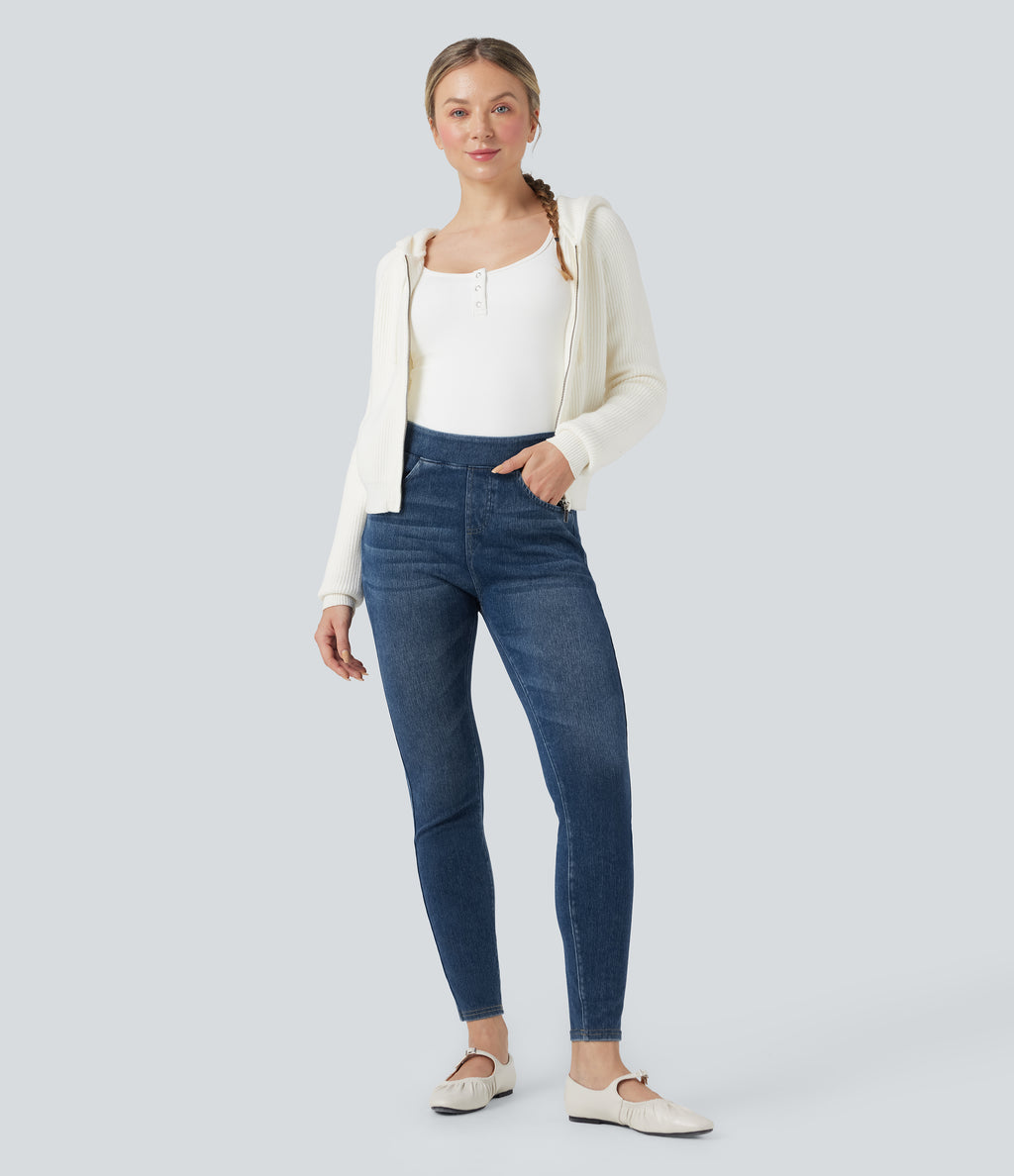 High Waisted Denim Casual Leggings with Pockets — Estate Blue Denim — view 6