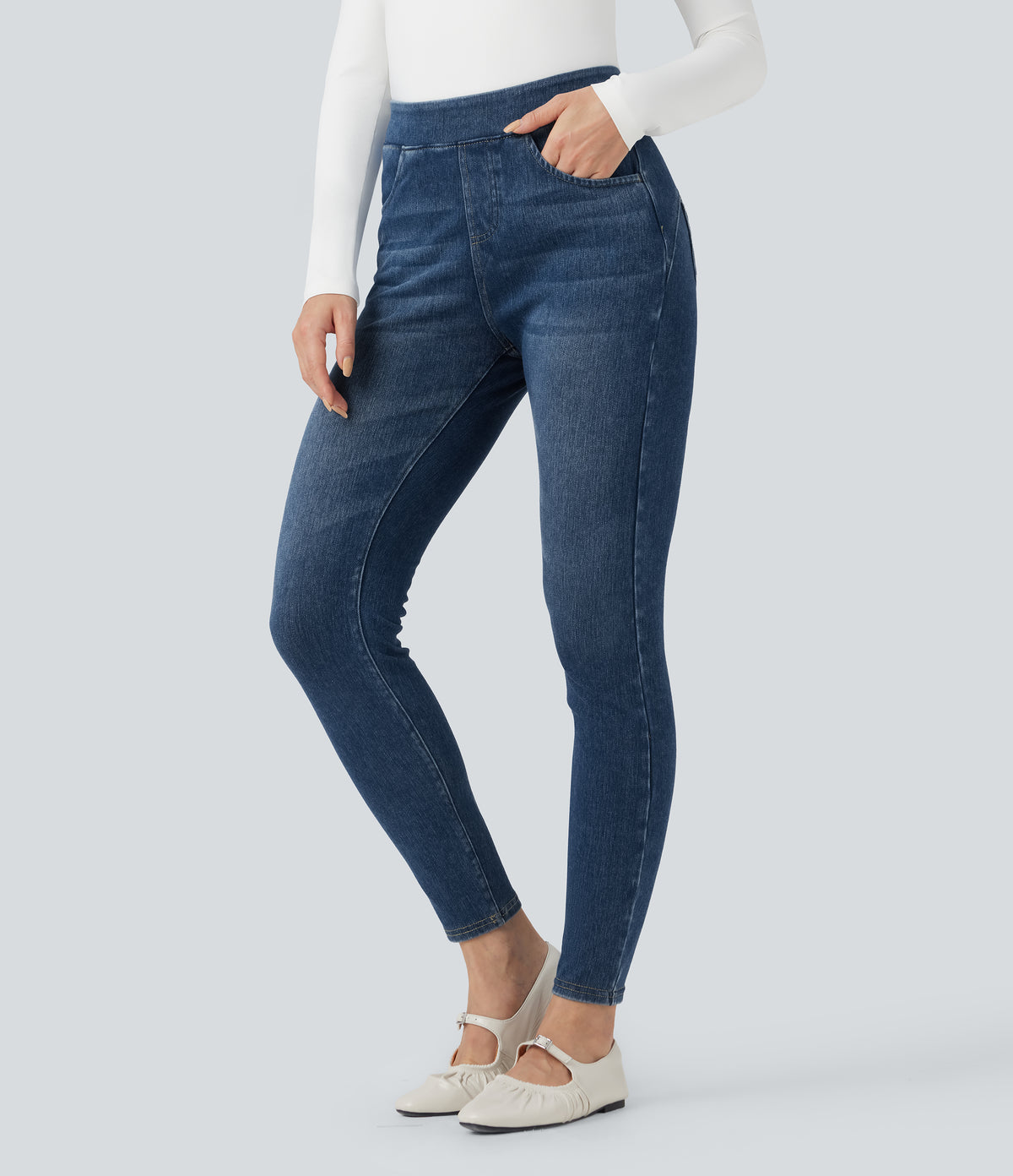 High Waisted Denim Casual Leggings with Pockets — Estate Blue Denim — view 2