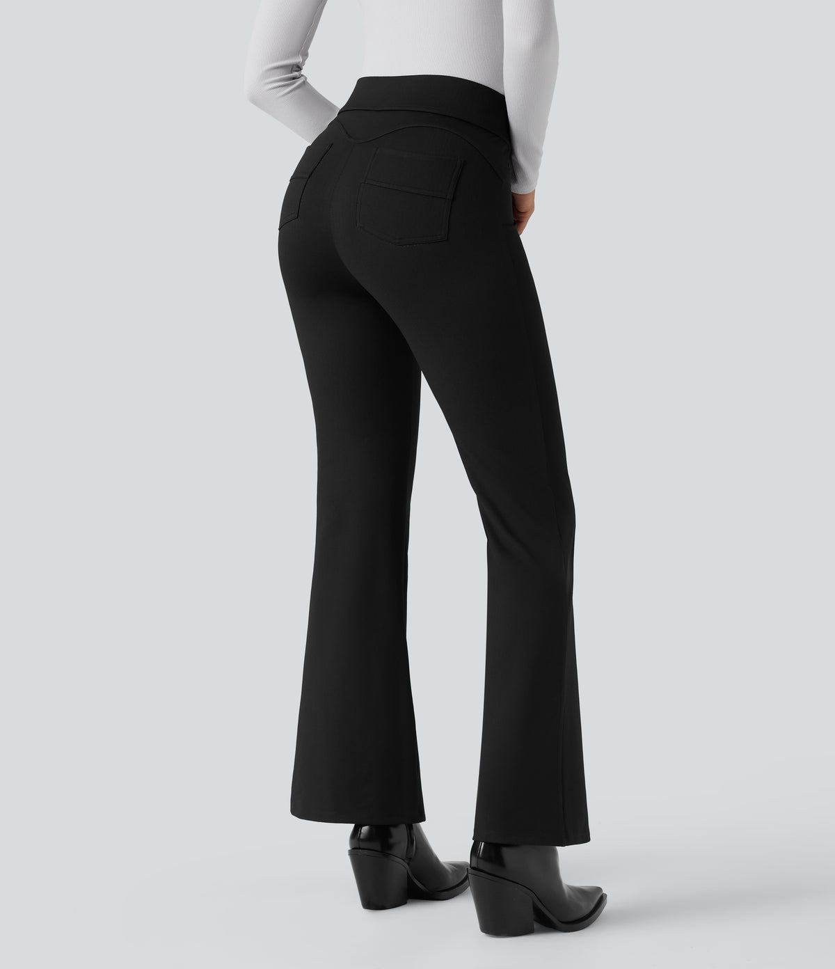High Waisted Tummy Control Herringbone Work Flared Trousers with Pockets — Black — view 2