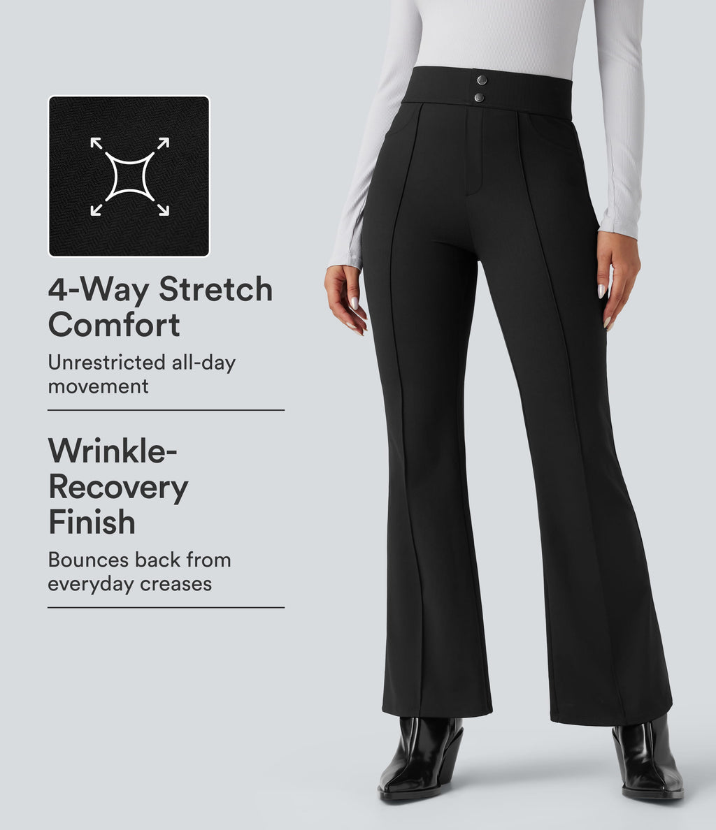 High Waisted Tummy Control Herringbone Work Flared Trousers with Pockets — Black — view 1