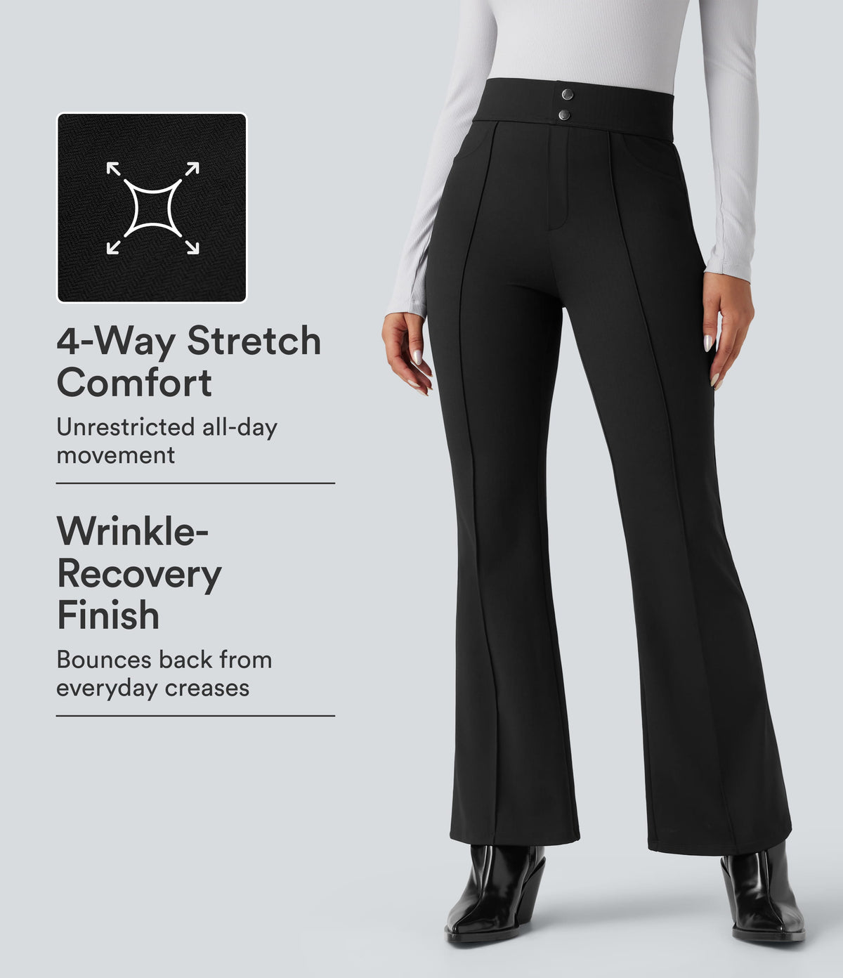 High Waisted Tummy Control Herringbone Work Flared Trousers with Pockets — Black — view 1