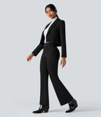 High Waisted Tummy Control Herringbone Work Flared Trousers with Pockets — Black — view 7