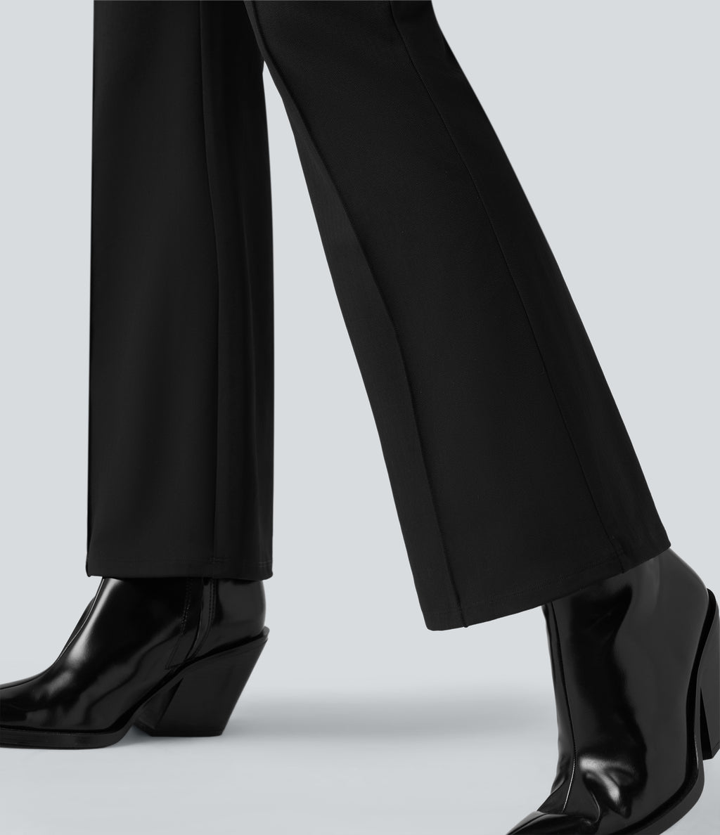 High Waisted Tummy Control Herringbone Work Flared Trousers with Pockets — Black — view 6