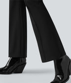 High Waisted Tummy Control Herringbone Work Flared Trousers with Pockets — Black — view 6