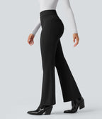High Waisted Tummy Control Herringbone Work Flared Trousers with Pockets — Black — view 3