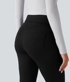 High Waisted Tummy Control Herringbone Work Flared Trousers with Pockets — Black — view 5