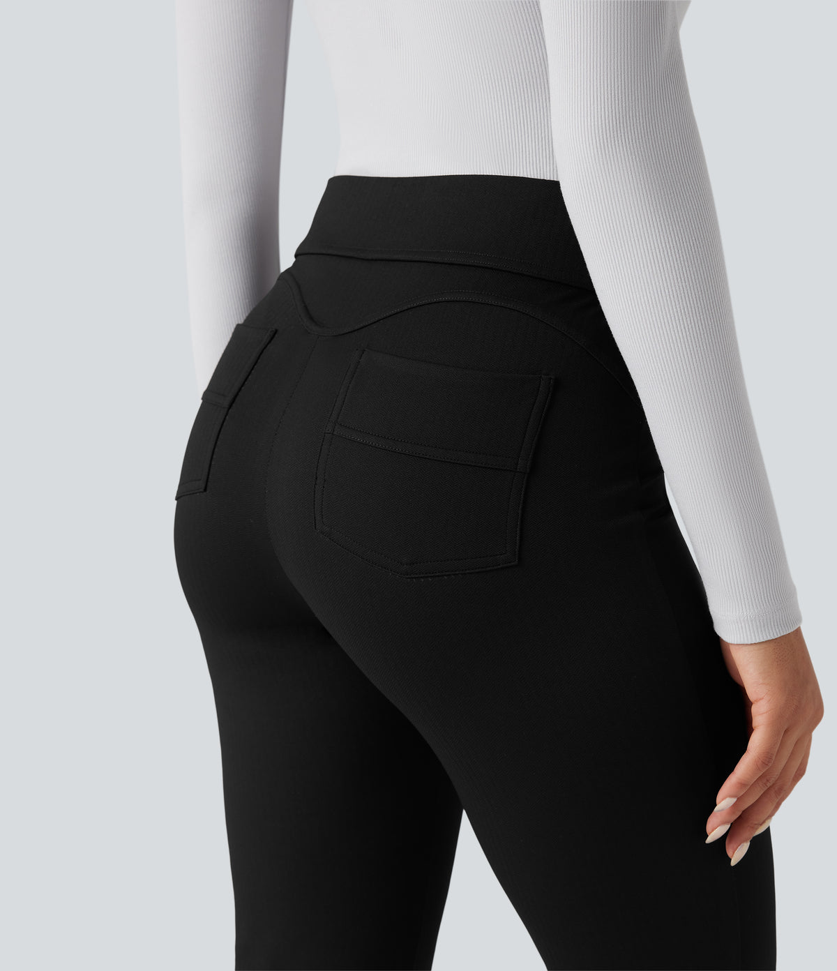High Waisted Tummy Control Herringbone Work Flared Trousers with Pockets — Black — view 5