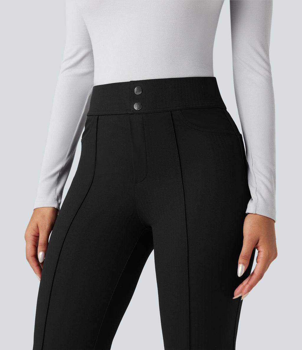 High Waisted Tummy Control Herringbone Work Flared Trousers with Pockets — Black — view 4