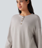 Henley Neck Long Sleeve Waffle Lounge Top — Wind Chime — view 4