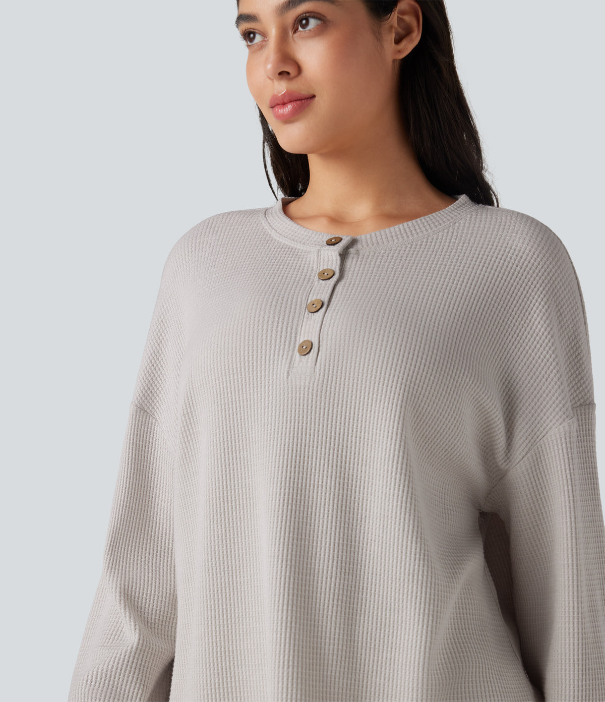 Henley Neck Long Sleeve Waffle Lounge Top — Wind Chime — view 4