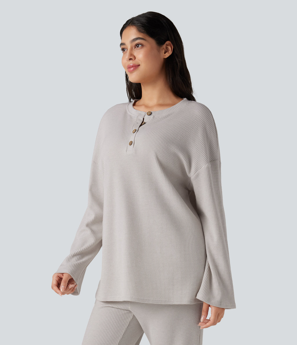 Henley Neck Long Sleeve Waffle Lounge Top — Wind Chime — view 3
