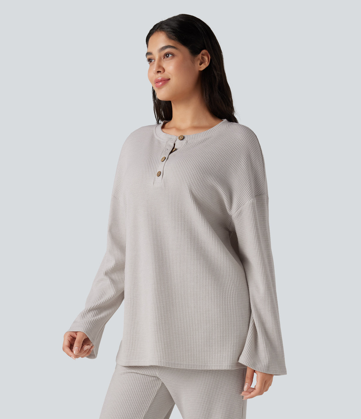 Henley Neck Long Sleeve Waffle Lounge Top — Wind Chime — view 3