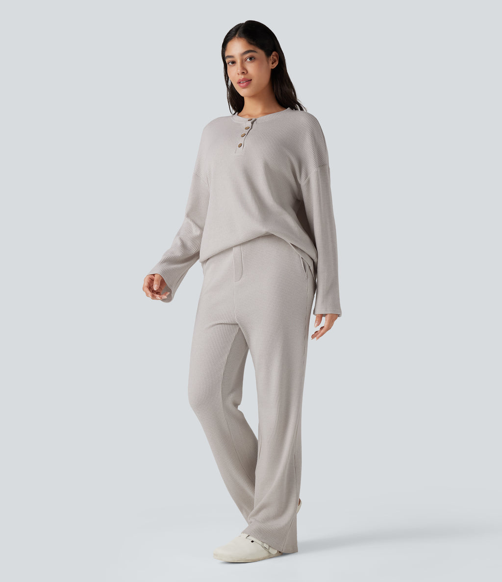 Henley Neck Long Sleeve Waffle Lounge Top — Wind Chime — view 5
