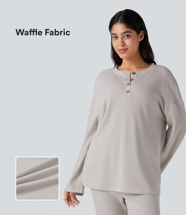 Henley Neck Long Sleeve Waffle Lounge Top — Wind Chime — view 1