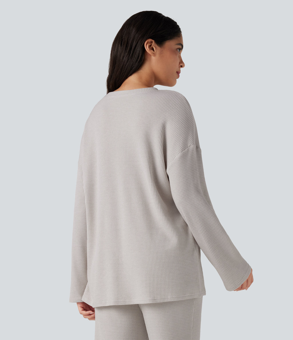 Henley Neck Long Sleeve Waffle Lounge Top — Wind Chime — view 2