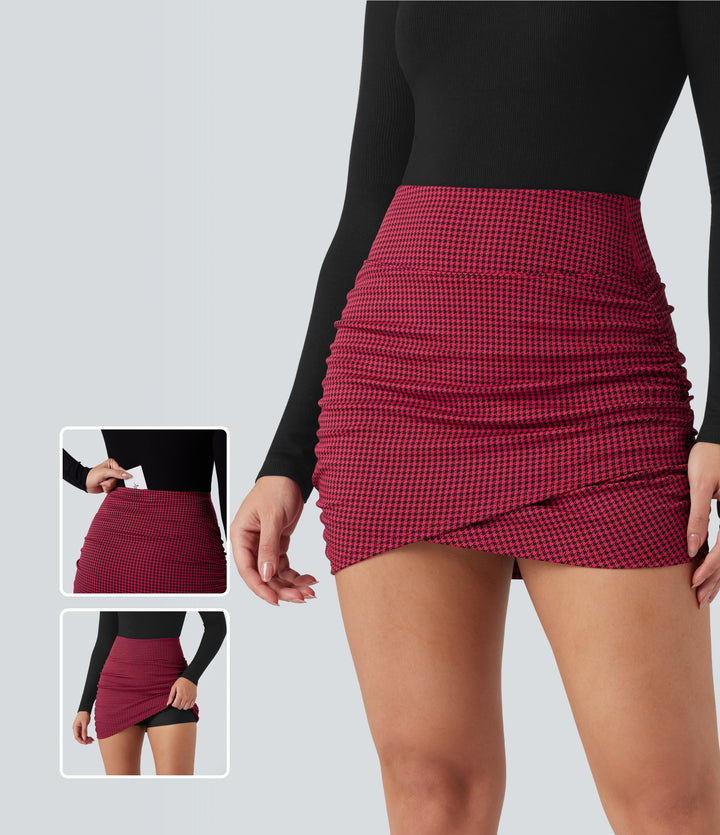High Waisted 2-in-1 Houndstooth Bodycon Mini Casual Skirt with Pocket — Crimson Static — view 1