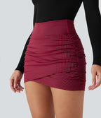 High Waisted 2-in-1 Houndstooth Bodycon Mini Casual Skirt with Pocket — Crimson Static — view 6