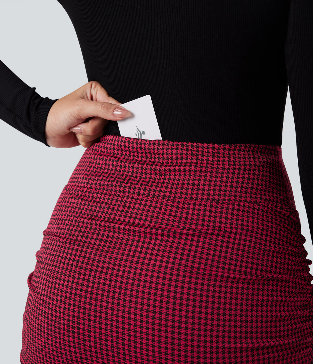 High Waisted 2-in-1 Houndstooth Bodycon Mini Casual Skirt with Pocket — Crimson Static — view 4