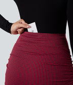 High Waisted 2-in-1 Houndstooth Bodycon Mini Casual Skirt with Pocket — Crimson Static — view 4