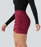 High Waisted 2-in-1 Houndstooth Bodycon Mini Casual Skirt with Pocket — Crimson Static — view 3