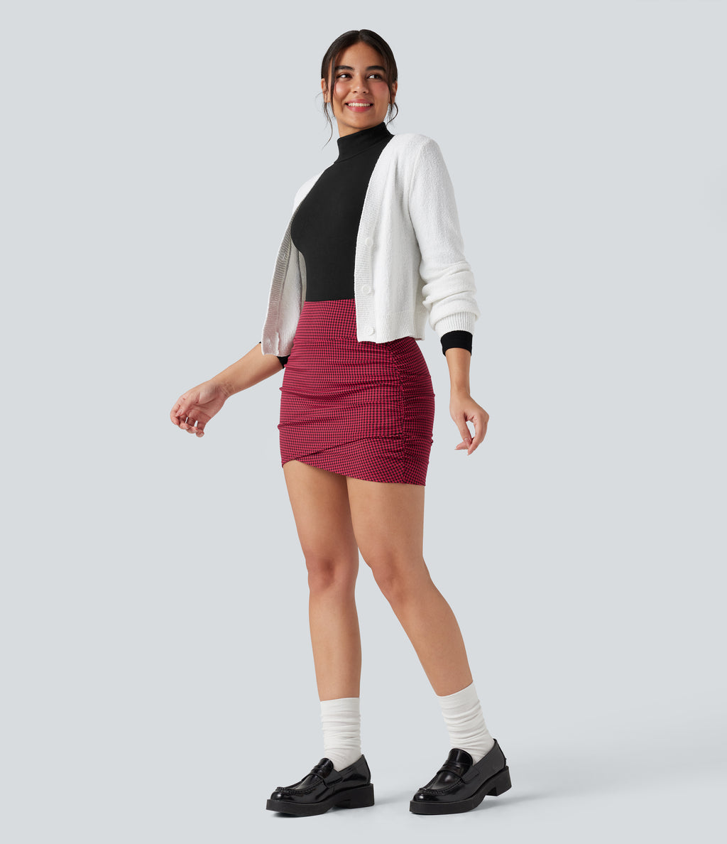 High Waisted 2-in-1 Houndstooth Bodycon Mini Casual Skirt with Pocket — Crimson Static — view 8