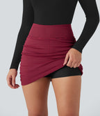 High Waisted 2-in-1 Houndstooth Bodycon Mini Casual Skirt with Pocket — Crimson Static — view 5
