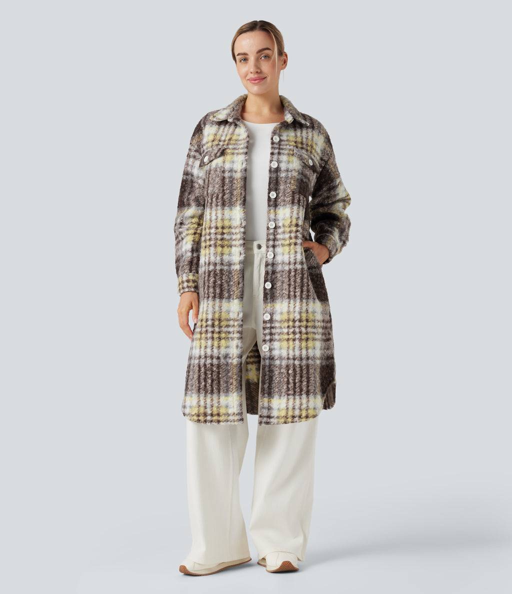 Long Sleeve Plaid Longline Casual Sherpa Jacket with Pockets — Golden Breeze — view 4