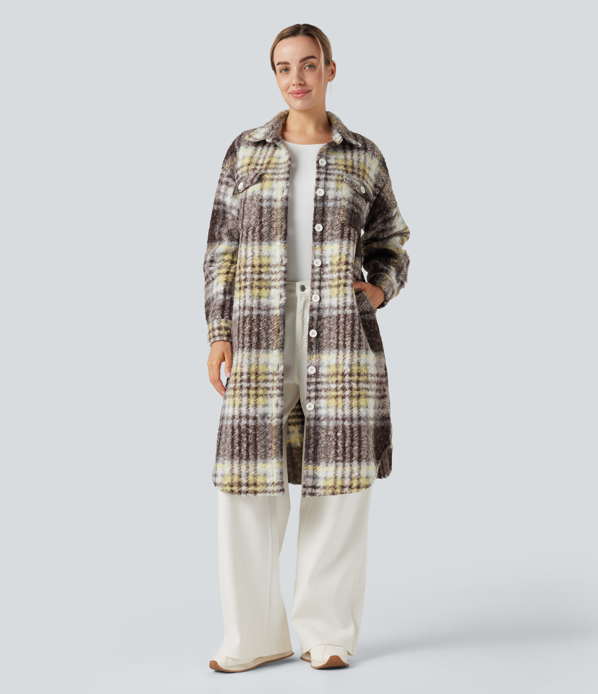 Long Sleeve Plaid Longline Casual Sherpa Jacket with Pockets — Golden Breeze — view 4