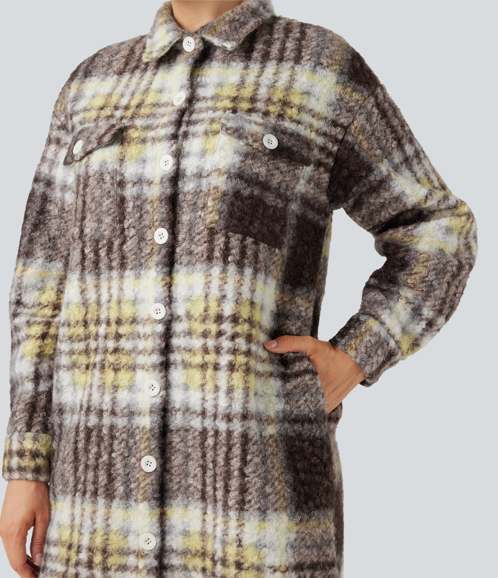 Long Sleeve Plaid Longline Casual Sherpa Jacket with Pockets — Golden Breeze — view 6