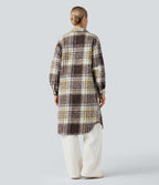 Long Sleeve Plaid Longline Casual Sherpa Jacket with Pockets — Golden Breeze — view 2