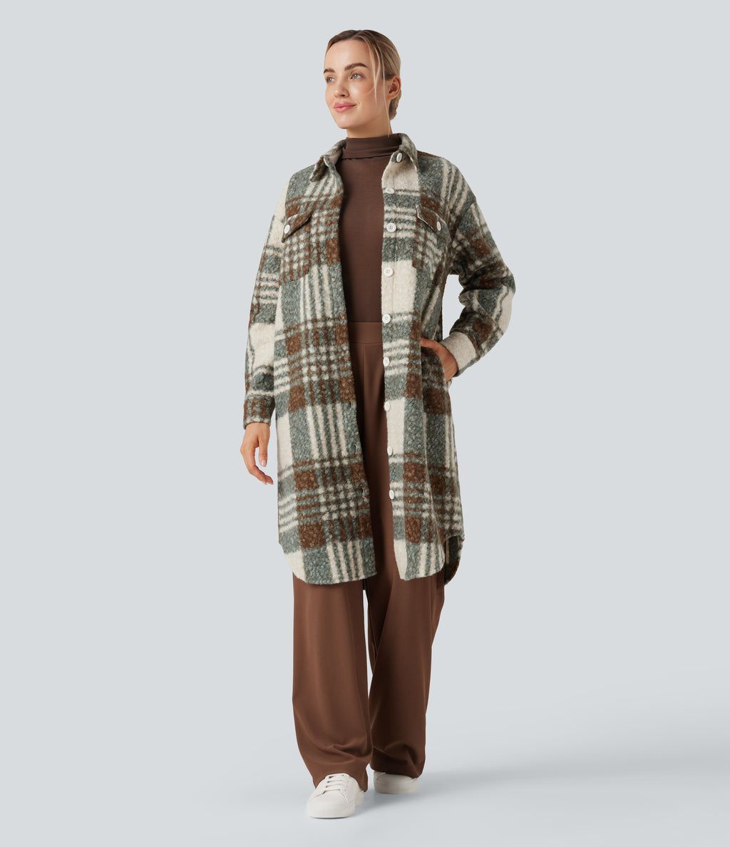 Long Sleeve Plaid Longline Casual Sherpa Jacket with Pockets — Silver Haze — view 9