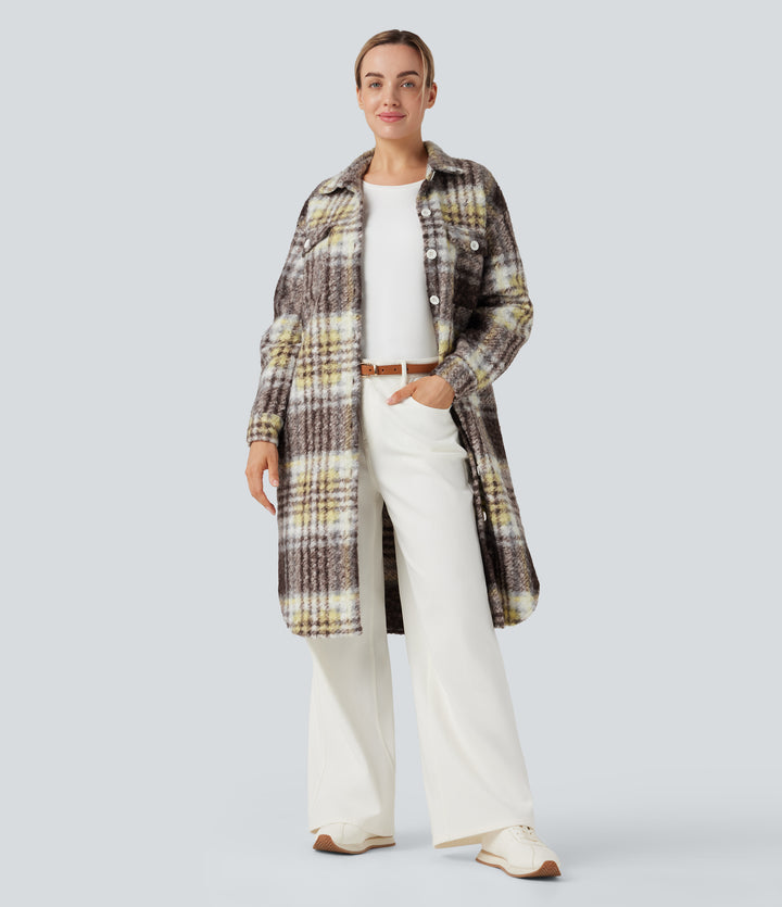 Long Sleeve Plaid Longline Casual Sherpa Jacket with Pockets — Golden Breeze — view 1