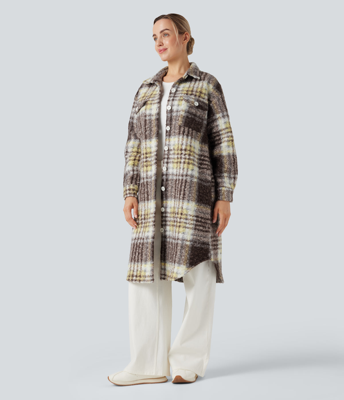 Long Sleeve Plaid Longline Casual Sherpa Jacket with Pockets — Golden Breeze — view 3