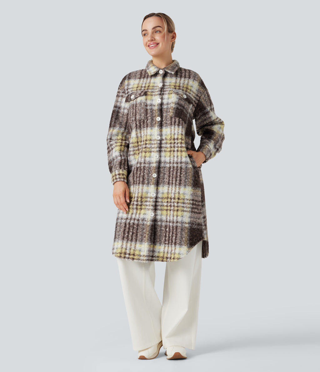 Long Sleeve Plaid Longline Casual Sherpa Jacket with Pockets — Golden Breeze — view 7