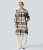 Long Sleeve Plaid Longline Casual Sherpa Jacket with Pockets — Golden Breeze — view 7