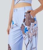X Yukiko High Waisted Straight Leg Floral Print Casual Trousers with Pockets — Cocoa Haze — view 4