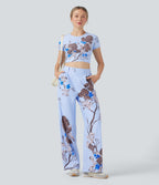 X Yukiko High Waisted Straight Leg Floral Print Casual Trousers with Pockets — Cocoa Haze — view 6