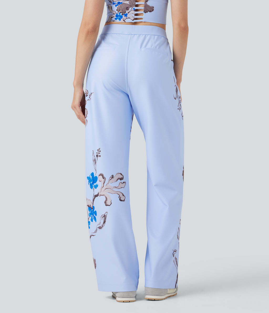 X Yukiko High Waisted Straight Leg Floral Print Casual Trousers with Pockets — Cocoa Haze — view 2