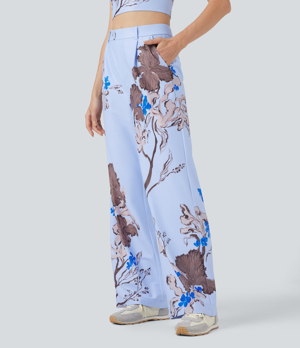 X Yukiko High Waisted Straight Leg Floral Print Casual Trousers with Pockets — Cocoa Haze — view 1