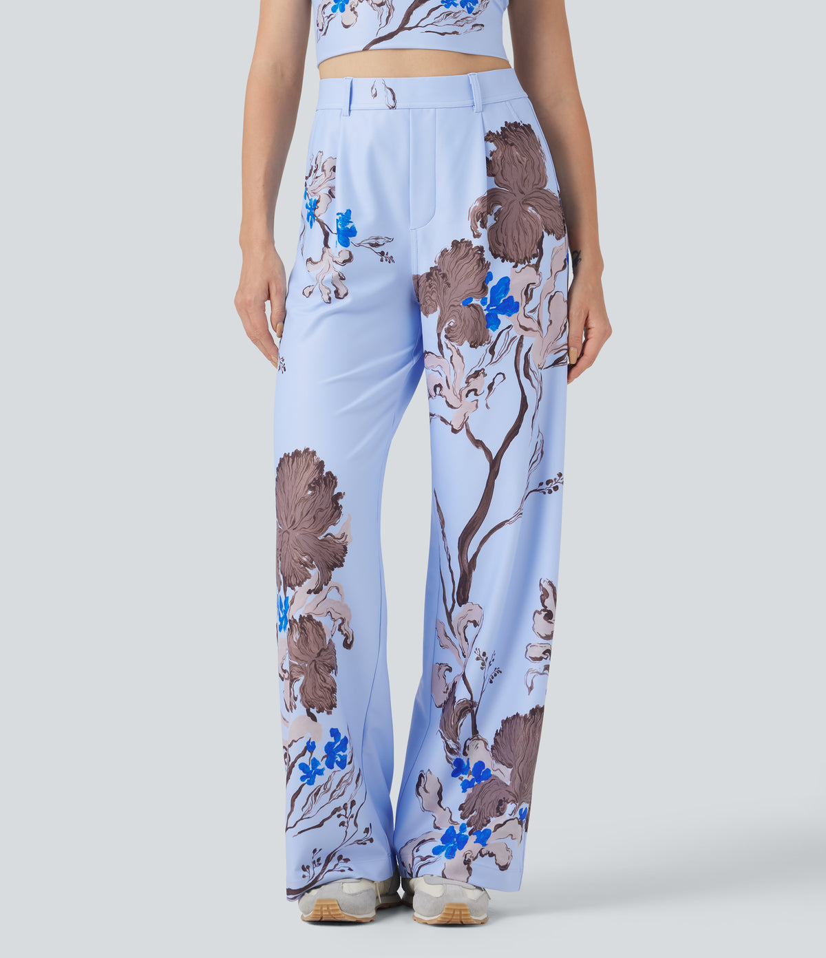 X Yukiko High Waisted Straight Leg Floral Print Casual Trousers with Pockets — Cocoa Haze — view 3