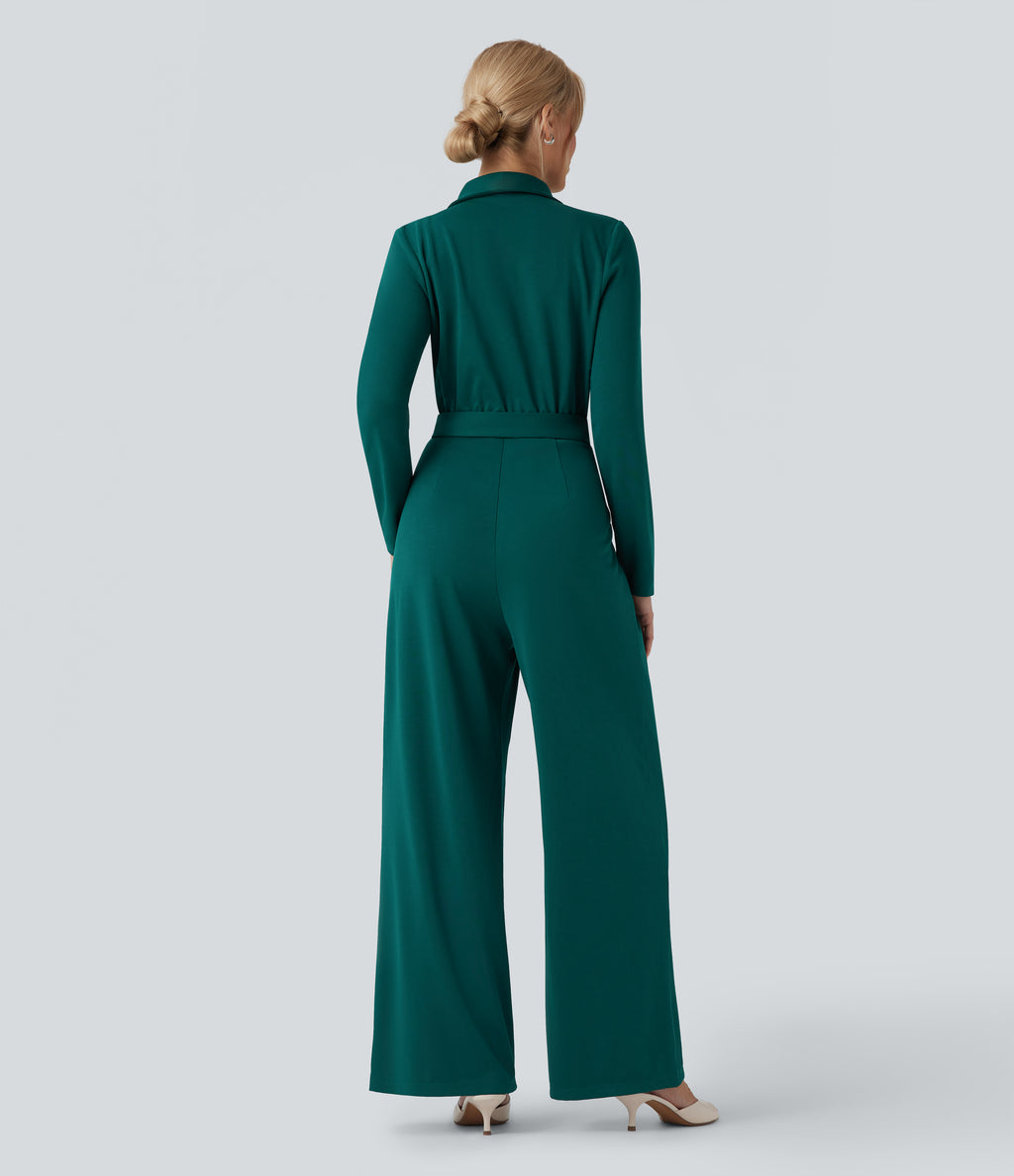 V-neck Long Sleeve Belted Jumpsuit with Pockets — Bayberry — view 2