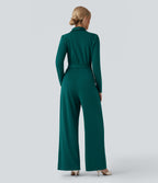 V-neck Long Sleeve Belted Jumpsuit with Pockets — Bayberry — view 2