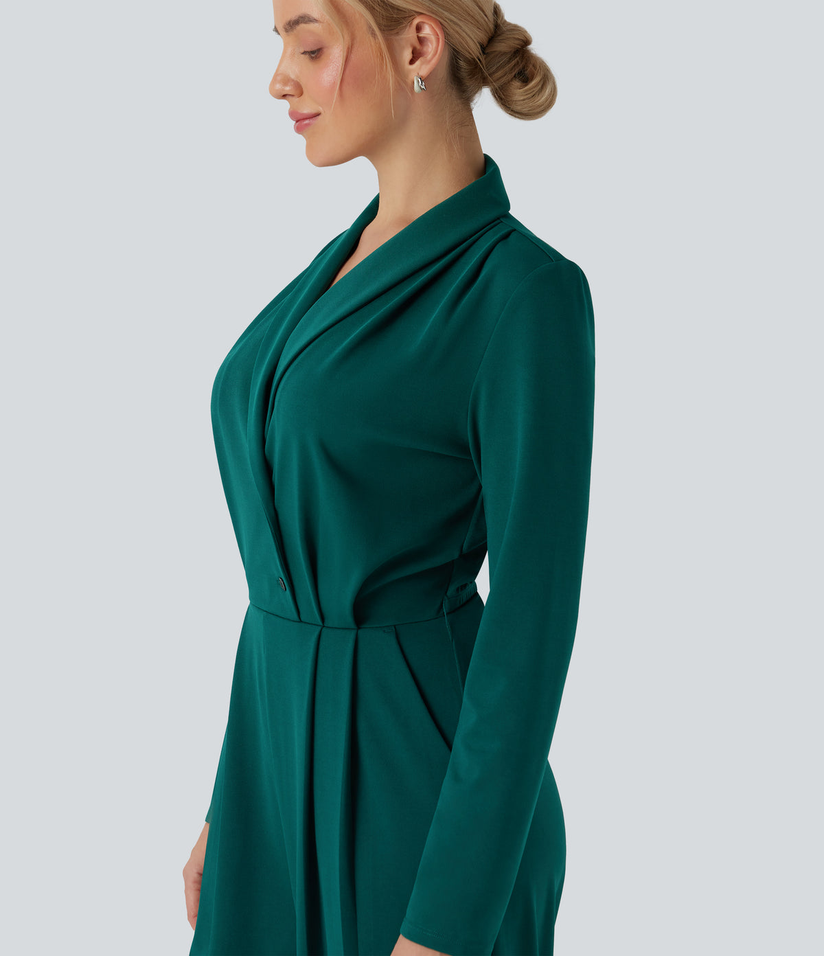 V-neck Long Sleeve Belted Jumpsuit with Pockets — Bayberry — view 7