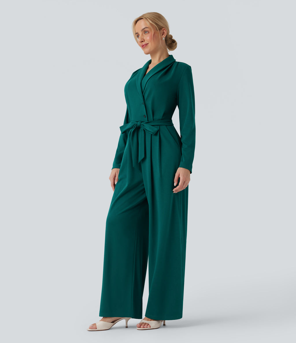 V-neck Long Sleeve Belted Jumpsuit with Pockets — Bayberry — view 3