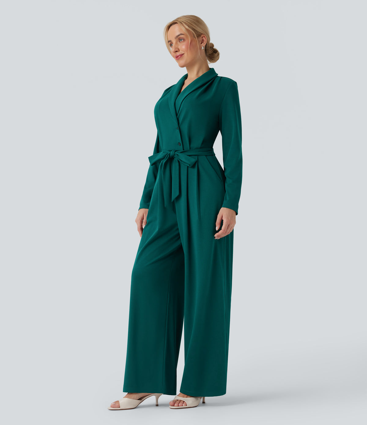 V-neck Long Sleeve Belted Jumpsuit with Pockets — Bayberry — view 3