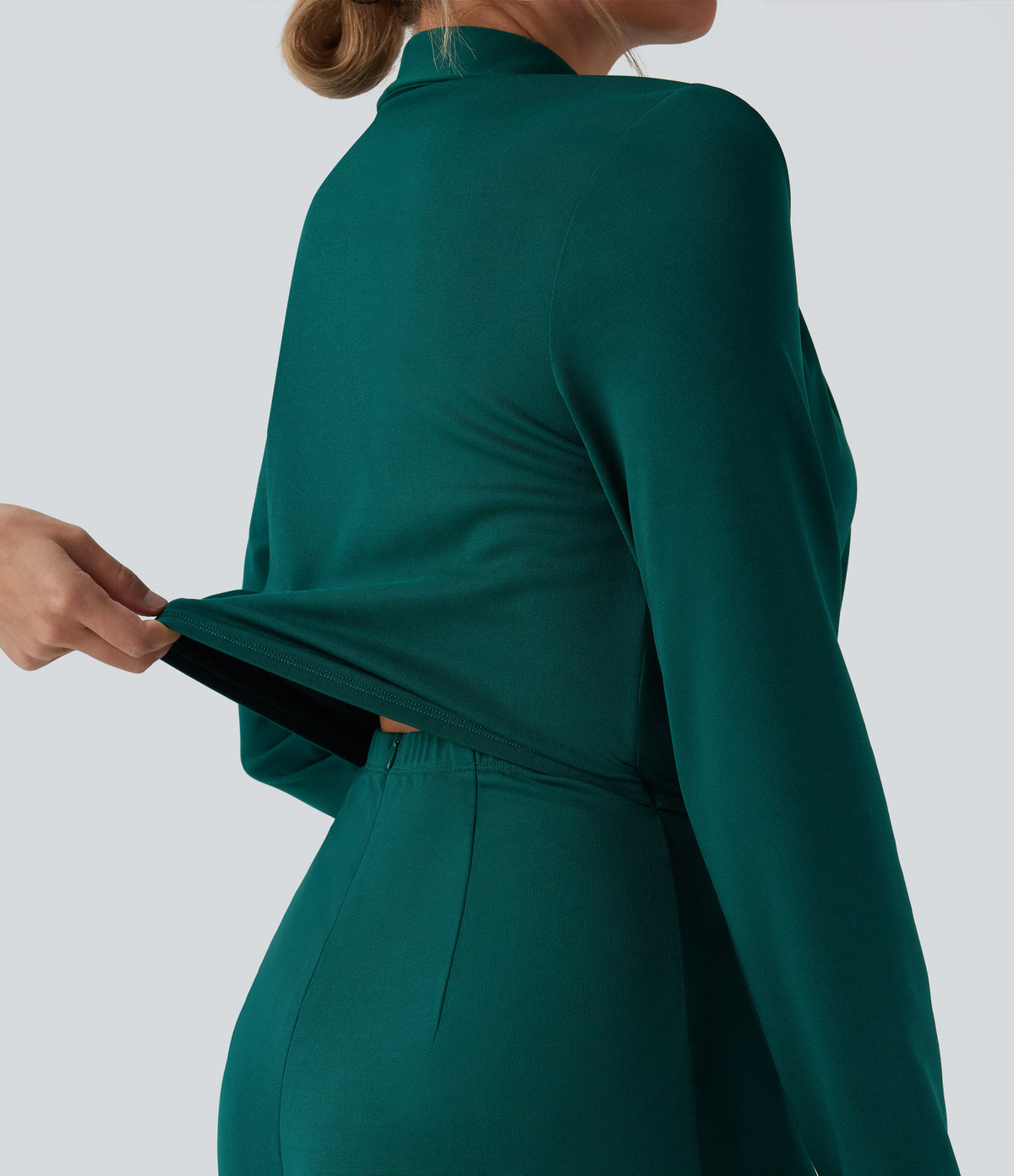 V-neck Long Sleeve Belted Jumpsuit with Pockets — Bayberry — view 4