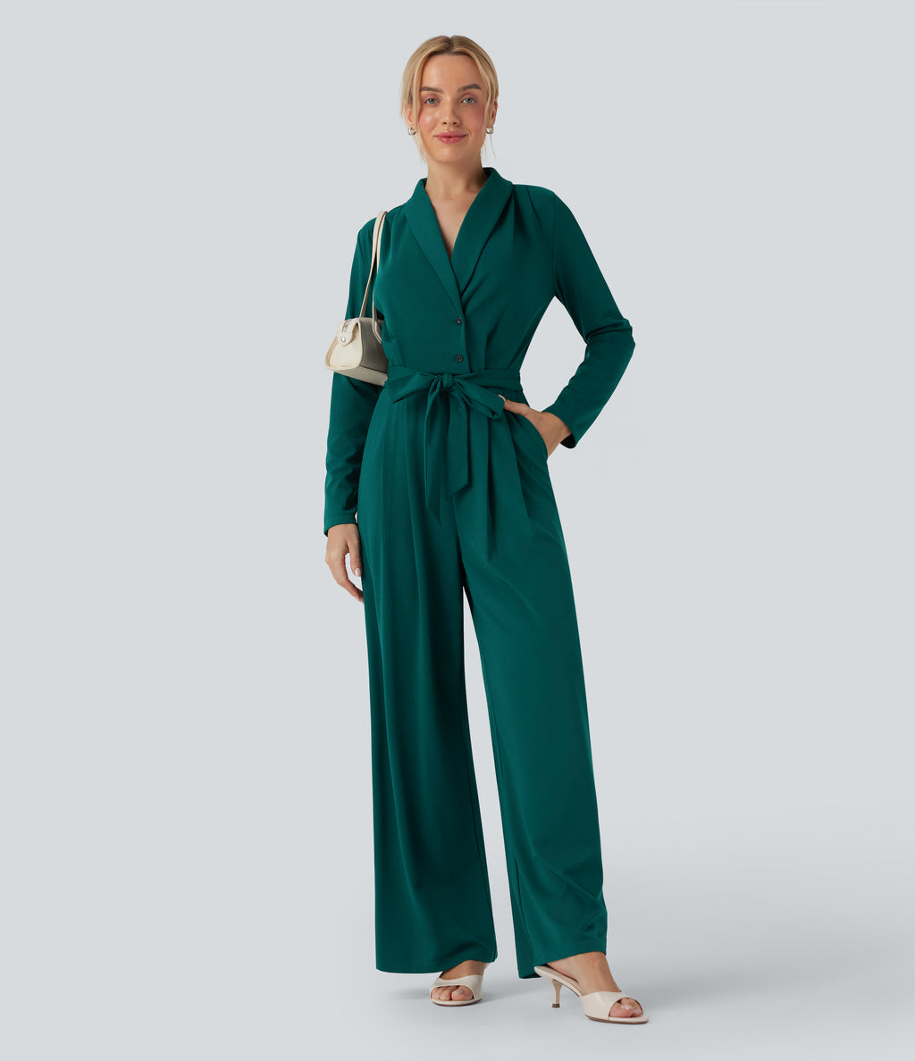 V-neck Long Sleeve Belted Jumpsuit with Pockets — Bayberry — view 8