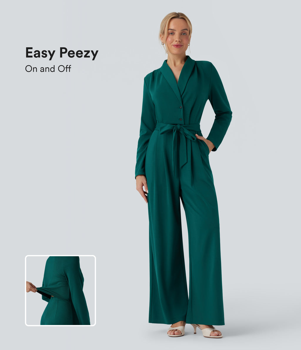 V-neck Long Sleeve Belted Jumpsuit with Pockets — Bayberry — view 1