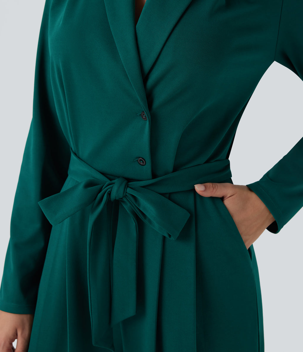 V-neck Long Sleeve Belted Jumpsuit with Pockets — Bayberry — view 5